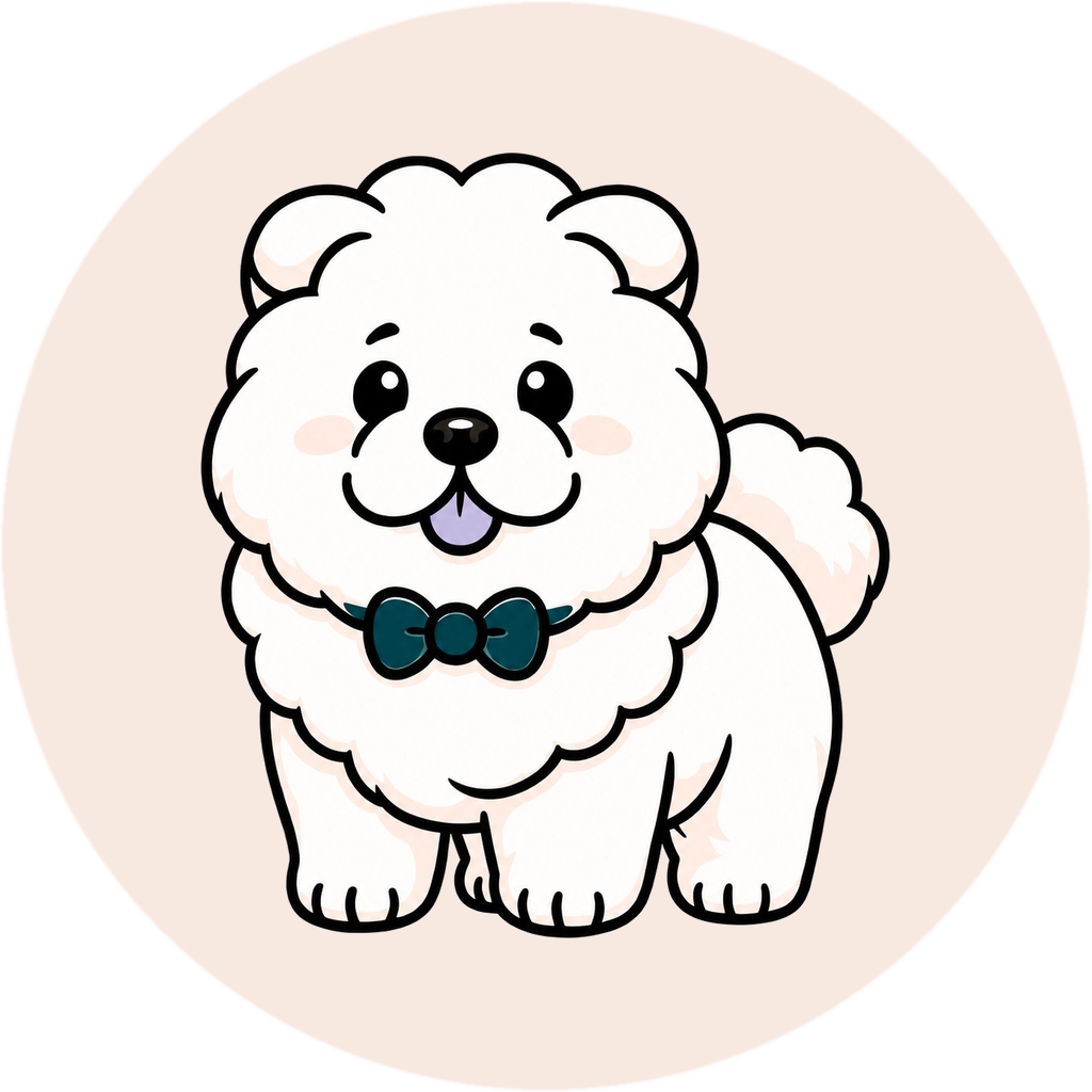 Koda, the Koda mascot — a fluffy white dog with a teal bow tie, in a soft clay circle